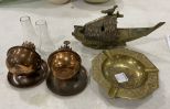 Two Brass Wall Lanterns, Brass Asian Boat Incense, and Etched Ashtray