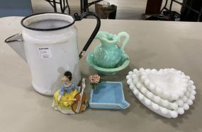 Enamel Metal Pitcher, Milk Glass Hearts, Avon Pitcher and Bowl, Occupied Japan Figurine, and Ashtray