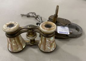 Antique Lock with Key, and Pearl Opera Binoculars
