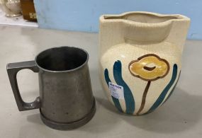 Signed Pottery Vase and Chinese Pewter Mug
