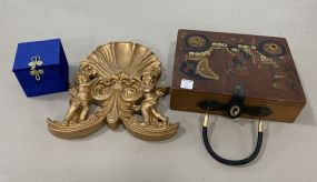 Decorative Wood Jewelry Box, Plastic Gold Gilt Cherub Wall Plaque, and Trinket Box