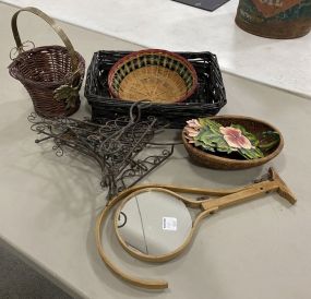 Group of Woven Baskets, Metal Plate Racks, Mirror Stand