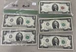 Five Uncirculated $2 Dollar Red Seal Notes