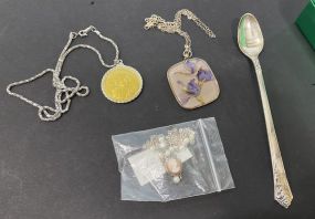Remember Native American Coin Necklace, Mini Cameo Pendant Necklace, and Sterling Spoon