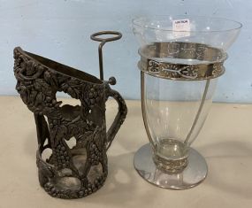 Metal Wine Holder and Silver Plate Glass Flower Vase