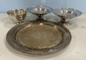 Silver Plate Round Tray, Two Compote, and Bowl