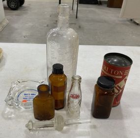 Vintage Glass Bottles and Ashtray