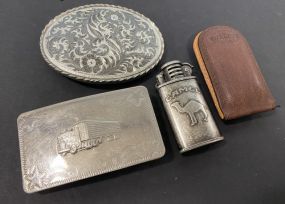 Leather Clip, Camel Lighter, Two Silver Color Belt Buckles