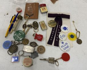 Collection of Vintage Buttons, Lighter, Keys, Tape Measure, and Pendants