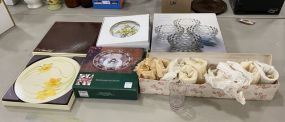 Clover Leaf Table Mats, Hand Painted Porcelain Plate, Snowman But Bowl, American Whitehall Salad Bowls, and Box of Cups