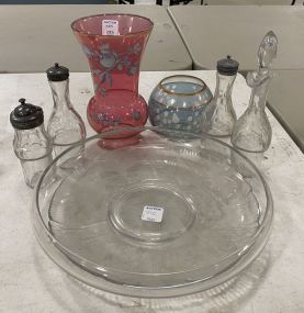 Rose Painted Red Vases, Blue Gold Rim Vase, Condiment Jars, Two Glass Bowls