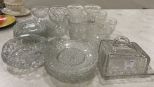 Group of Vintage Depression Pressed Glass Pitchers, Cups, and Plates