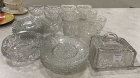 Group of Vintage Depression Pressed Glass Pitchers, Cups, and Plates