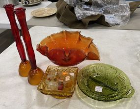 Amber Crimped Rim Compote, Flute Vases, Candy Dish, and Green Divided Dish