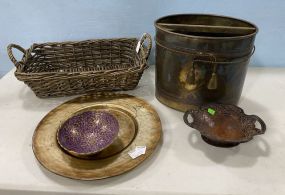 Woven Basket, Brass Bucket, Charger, Bowl, and Compote