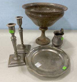 Metal Center Bowl, Candle Sticks, Plate and Pitcher