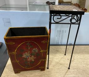 Red Floral Decorated Box and Metal Small Plant Stand