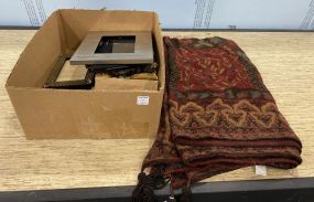 Box Lot of Picture Frames and Table Linen/Quilt