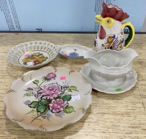 Porcelain Hand Painted Plates and Ceramic Rooster Pitcher