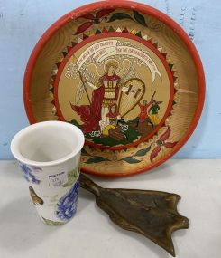 Catholic Wood Bowl, Porcelain Vase, and Brass Decor Piece