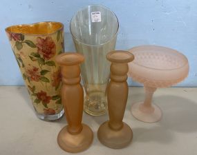 Art Glass Candle Holders, Compote, Heart Vase, and Flower Vase