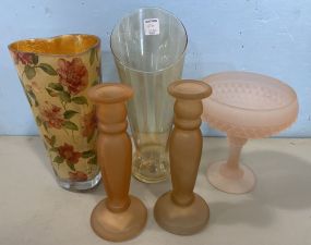 Art Glass Candle Holders, Compote, Heart Vase, and Flower Vase