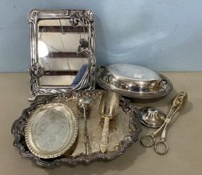 Metal Mirror Frame, Silver Plate Covered Dish, Footed Tray, Tongs.