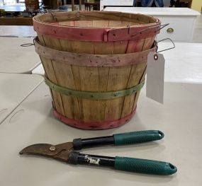 Two Spilt Wood Fruit Baskets and Hedge Trimmer