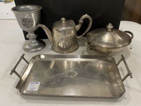 Monogrammed Silver Plate Pitcher, Pot, Tray, and Bicentennial Metal Goblet