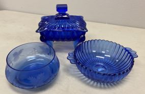 Blue Glass Bowls and Covered Candy Dish