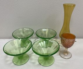 Green Depression Sherbets, Art Glass Vase, and Stem
