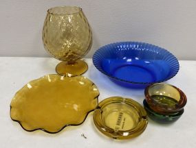 Blue Serving Bowl, Amber Plate, Art Glass Vase, and Ashtrays