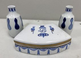 Pair of Blue and White Oriental Vase and Trinket Box