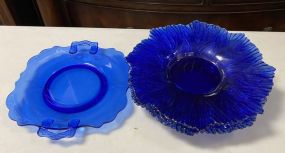 Two Leaf Style Blue Glass Plate and Blue Glass Handled Cake Plate