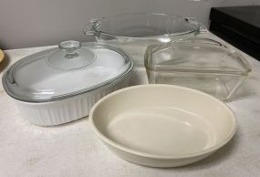 Pottery Casserole, Pyrex Dish, and Ceramic Plate