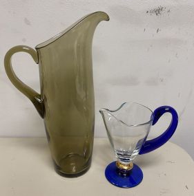 Large Green Glass Pitcher and Clear & Blue Pitcher