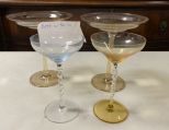 Pair of Vintage Amber Stems and Two Martini Glasses