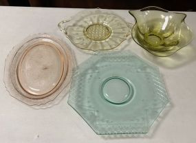 Depression Glass Platter, Handled Sandwich Plate, Cake Stand, Crimped Bowl
