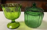 Vintage Amber Compote and Green Glass Cookie Jar