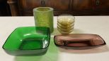 Green Serving Bowl, Art Glass Vase, Green Glass Bowls, and Purple Dish
