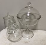 Glass Covered Candy Compote, Two Glass Jars