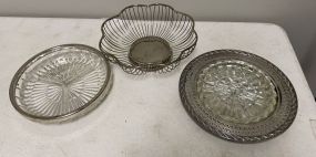 Two Silver Plate Divided Dishes and Silver Plate Wire Basket