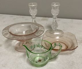 Pair of Glass Candle Holders, Compote, Creamer, and Bowl