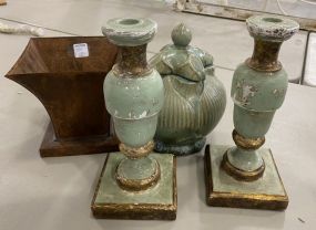 Antiqued Painted Candle Sticks, Ceramic Urn, Rustic Metal Planter