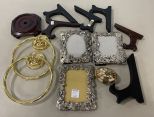 Brass Towel Holders, Bone Trinket Box, Three Ornate Metal Picture Frame, Plate Easels