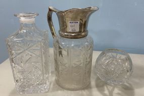 Etched Glass Pitcher, Pressed Glass Decanter, and Vase