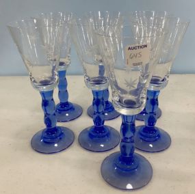 Seven Blue & Clear Glass Goblets