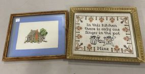 Gold Gilt Framed Needlepoint Sampler and Needlepoint Home Place