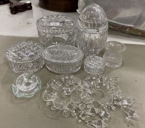 Group of Clear Glass Trinket Boxes, Vase, Candle Pieces