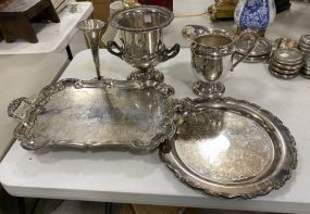 Silver Plate Trays, Pitcher, Ice Bucket, and Flower Vase